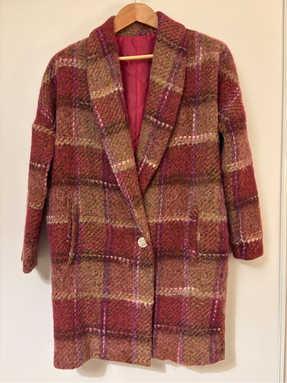 Cottagecore Chepe Long Winter Coat Size Large Plaid Shawl Collar Wool Timeless